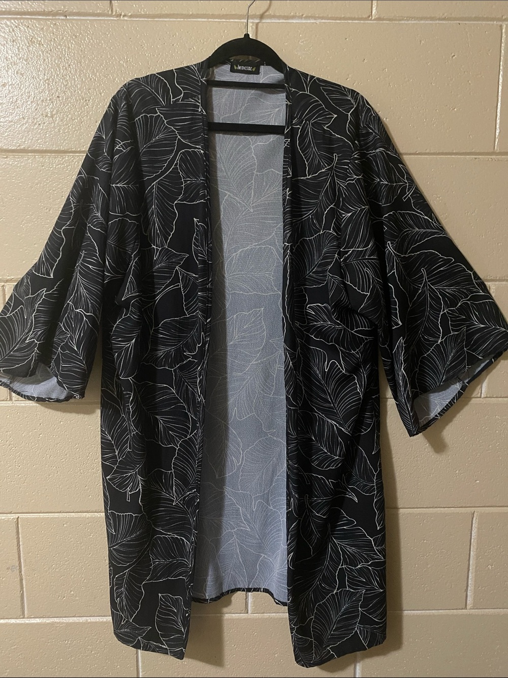 Black Leaf-Print Open Front Kimono Jacket
